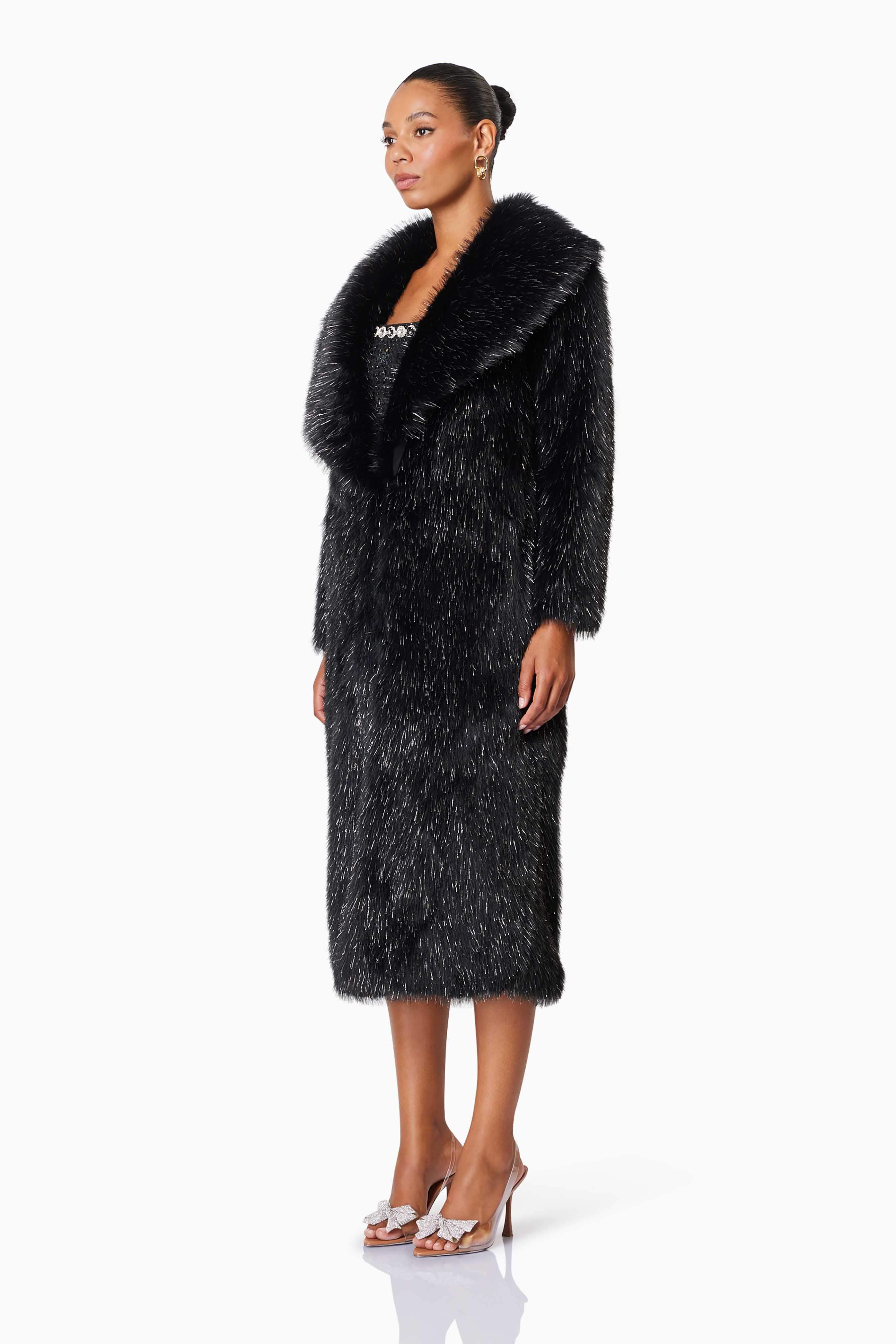 Cosette Faux Fur Coat In Black - Image 3