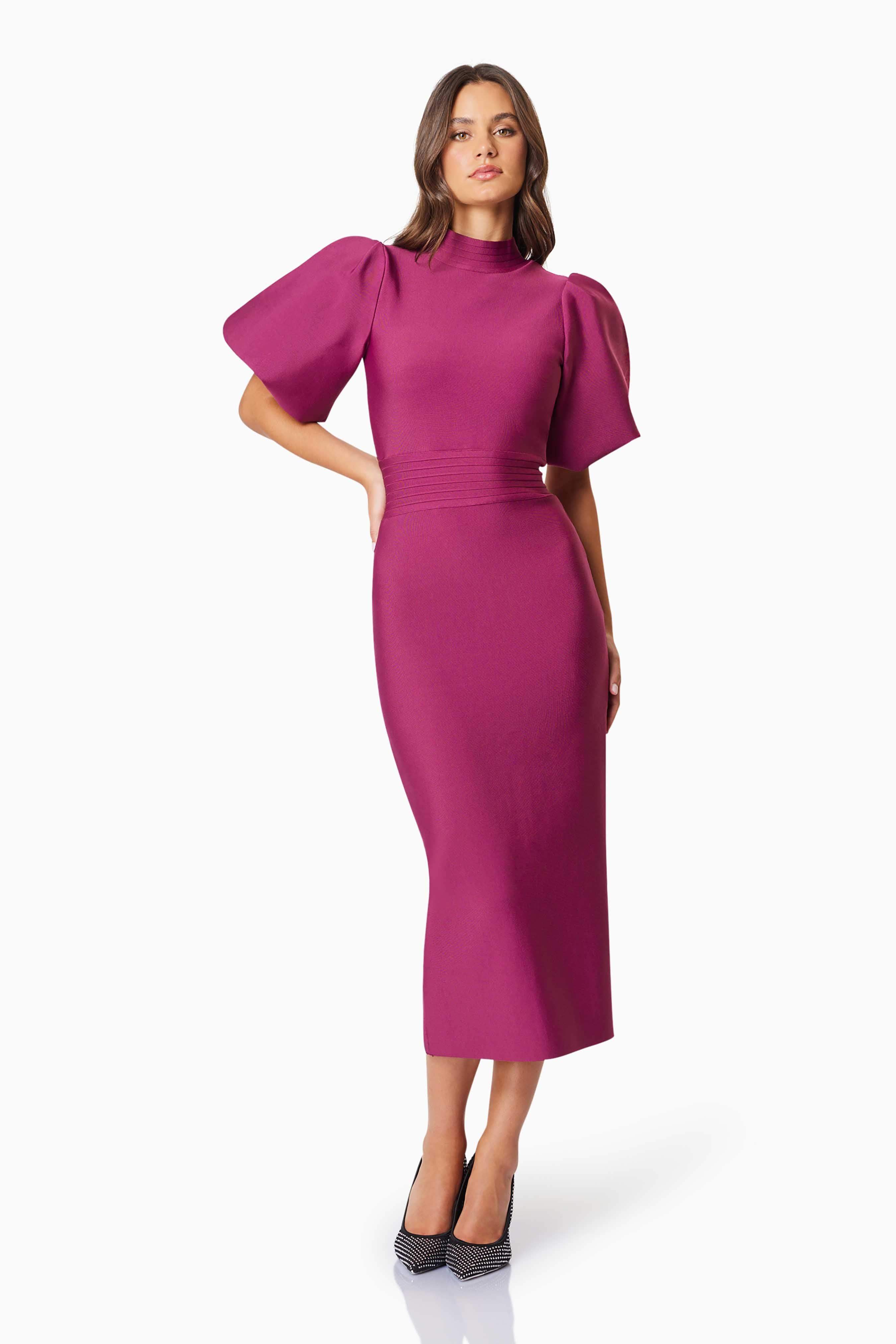 Ella Puff Sleeve Midi Dress In Burgundy - Image 3
