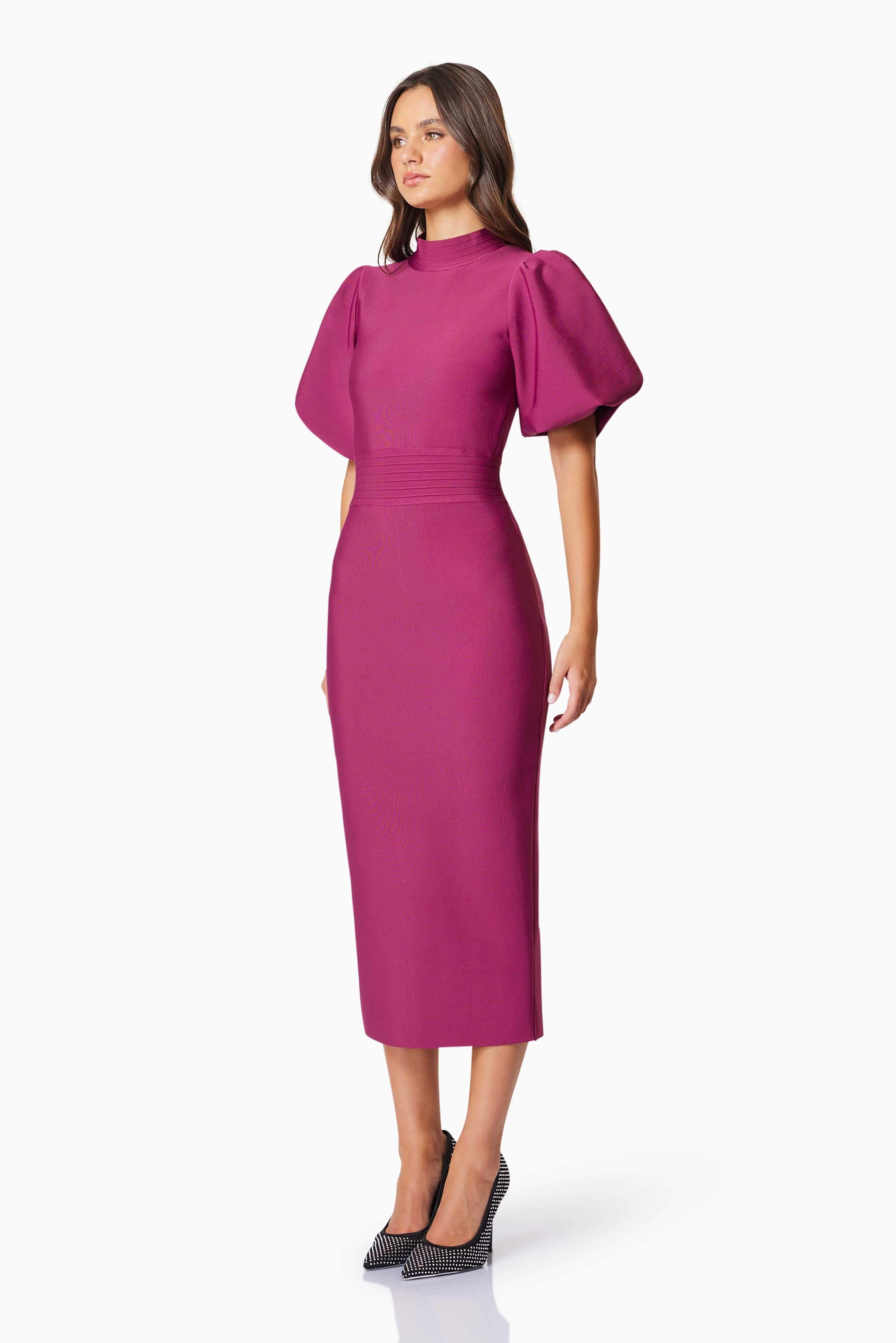 Ella Puff Sleeve Midi Dress In Burgundy - Image 4