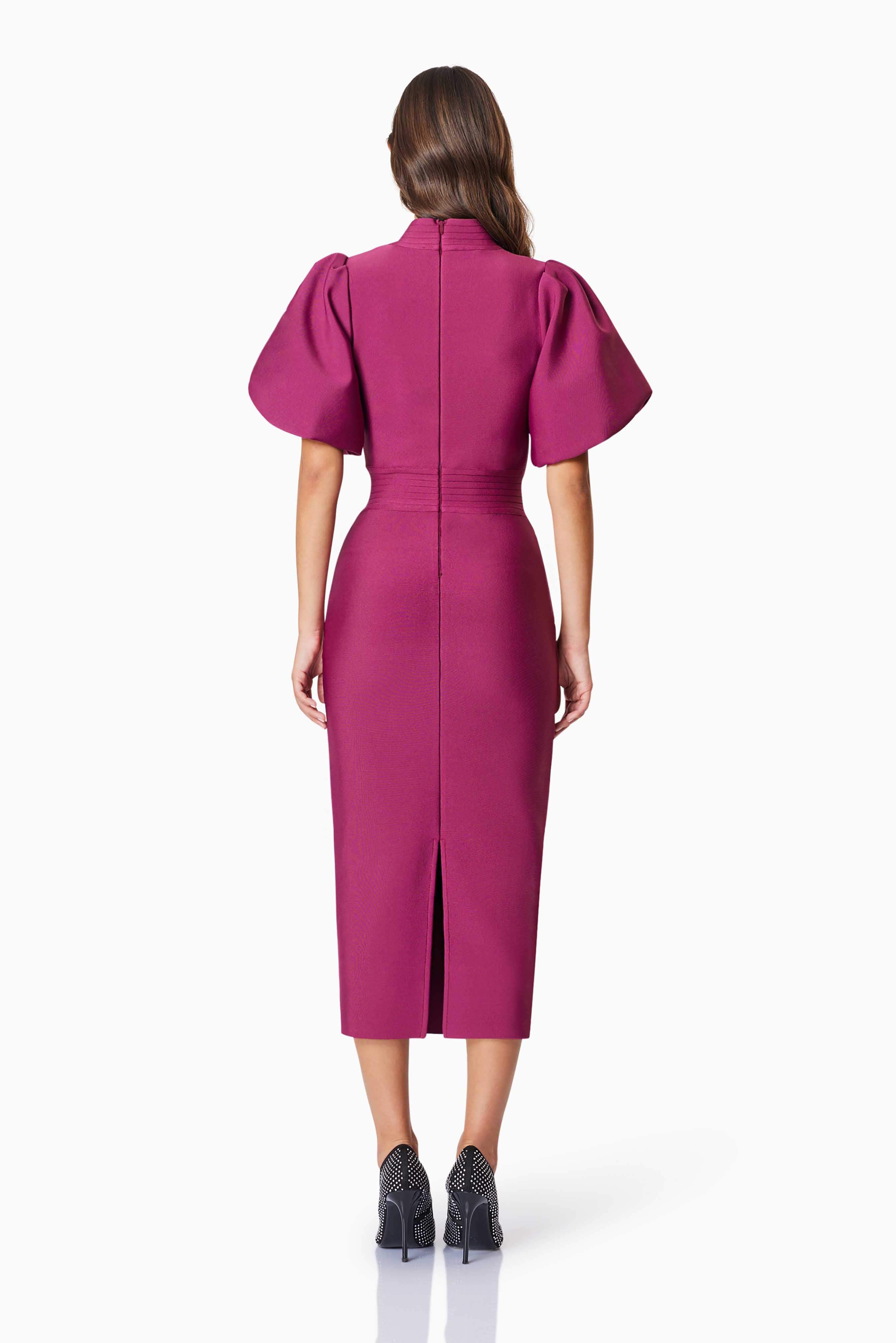 Ella Puff Sleeve Midi Dress In Burgundy - Image 5