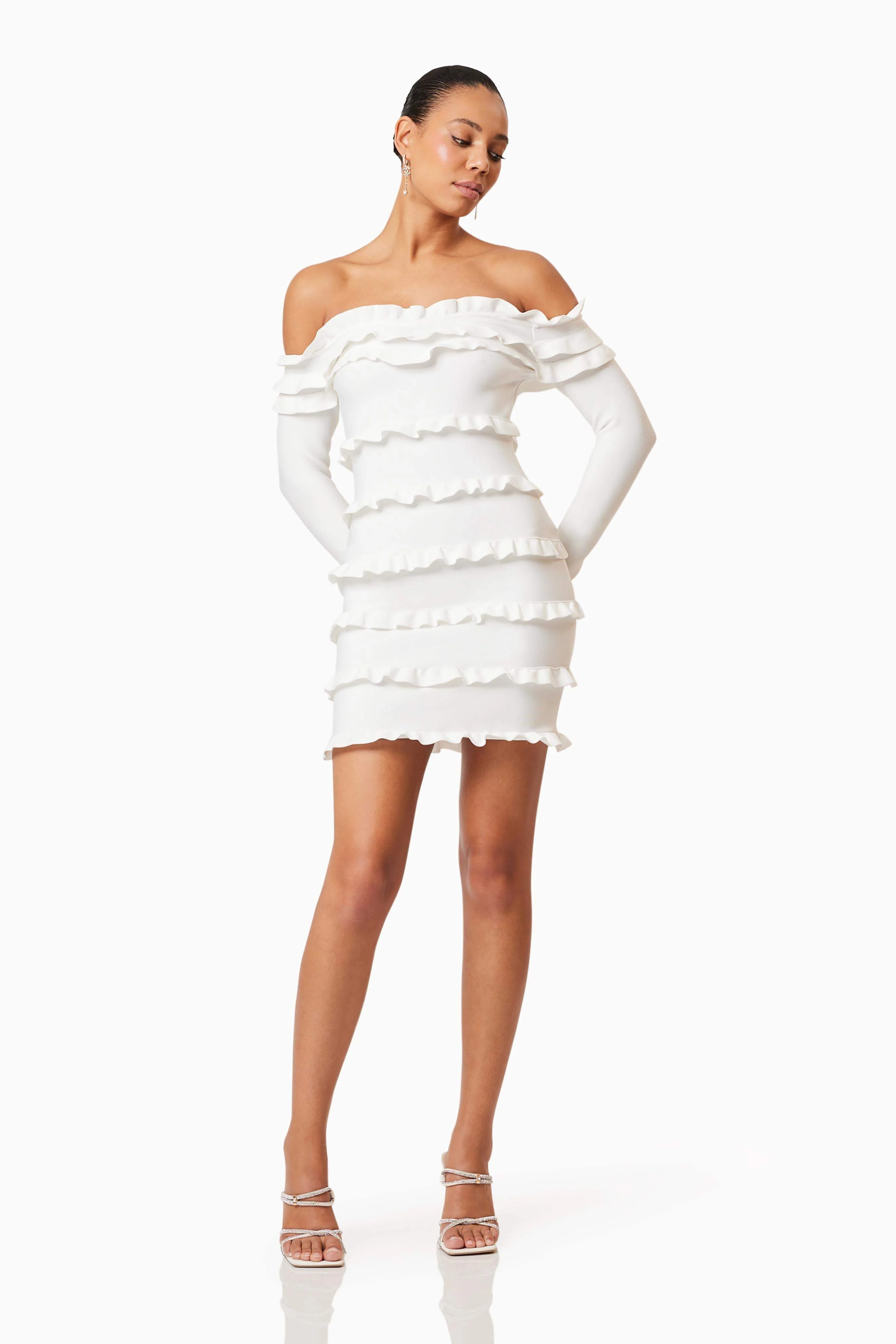 Kimberly Long Sleeve Frill Mini Dress in White - Image 4